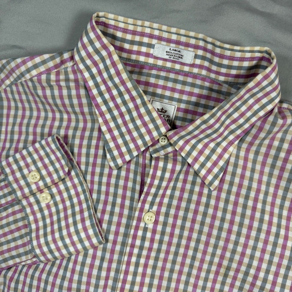 Peter Millar Mens Large Gingham Check Button Up Shirt Purple Long Sleeve Preppy